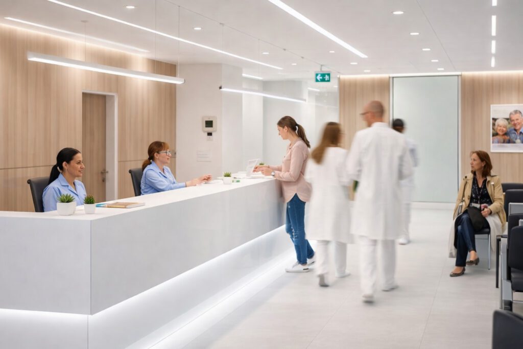 LED-Beleuchtung in der Arztpraxis Hannover am Empfangsbereich mit moderner Deckenleuchte und heller, hygienischer Lichtplanung