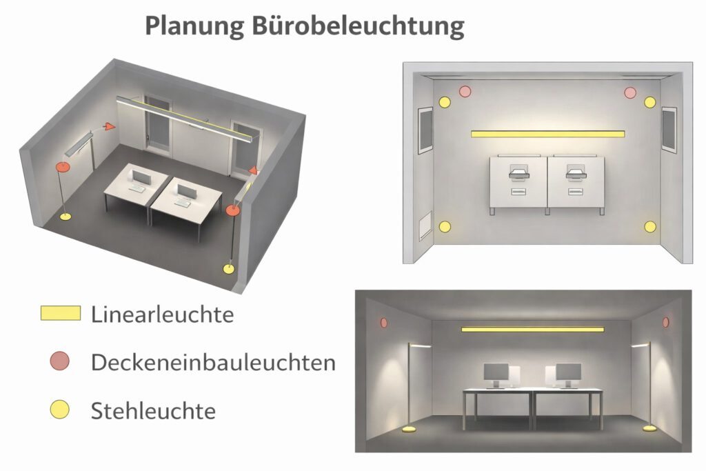 LED-Bürobeleuchtung Lichtplanung für moderne Arbeitsplätze mit blendfreier Arbeitsplatzbeleuchtung