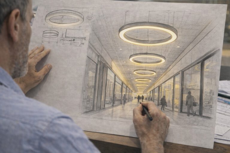 Skizze einer Ringleuchte nach Maß für individuelle Lichtplanung und Sonderleuchten