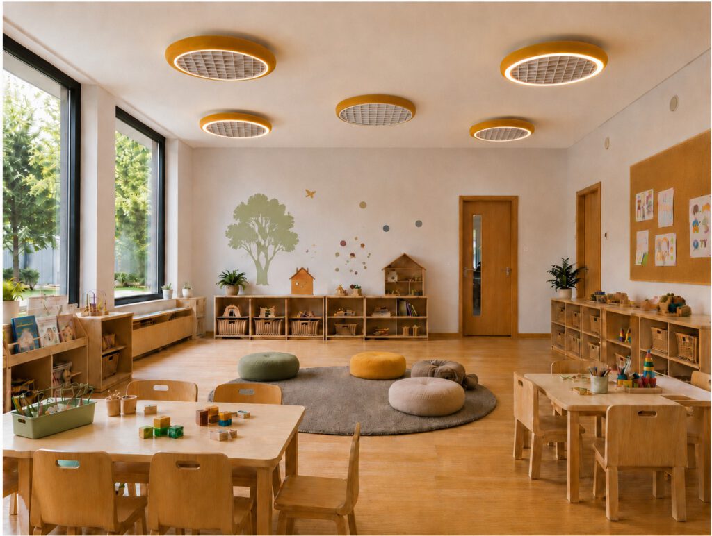 Akustik-Clouds und Akustikleuchten im Kindergarten mit runden WABER Akustikelementen für bessere Raumakustik und Sprachverständlichkeit