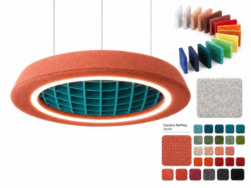 Runde Akustikleuchte mit WABER Hybridabsorber, LED-Beleuchtung und wählbaren Stoff- und PET-Vlies-Farben für individuelle Raumakustik