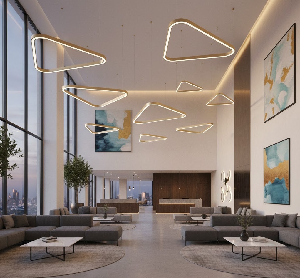 Triangle LED-Pendelleuchten in modernem Empfangs- und Lobbybereich