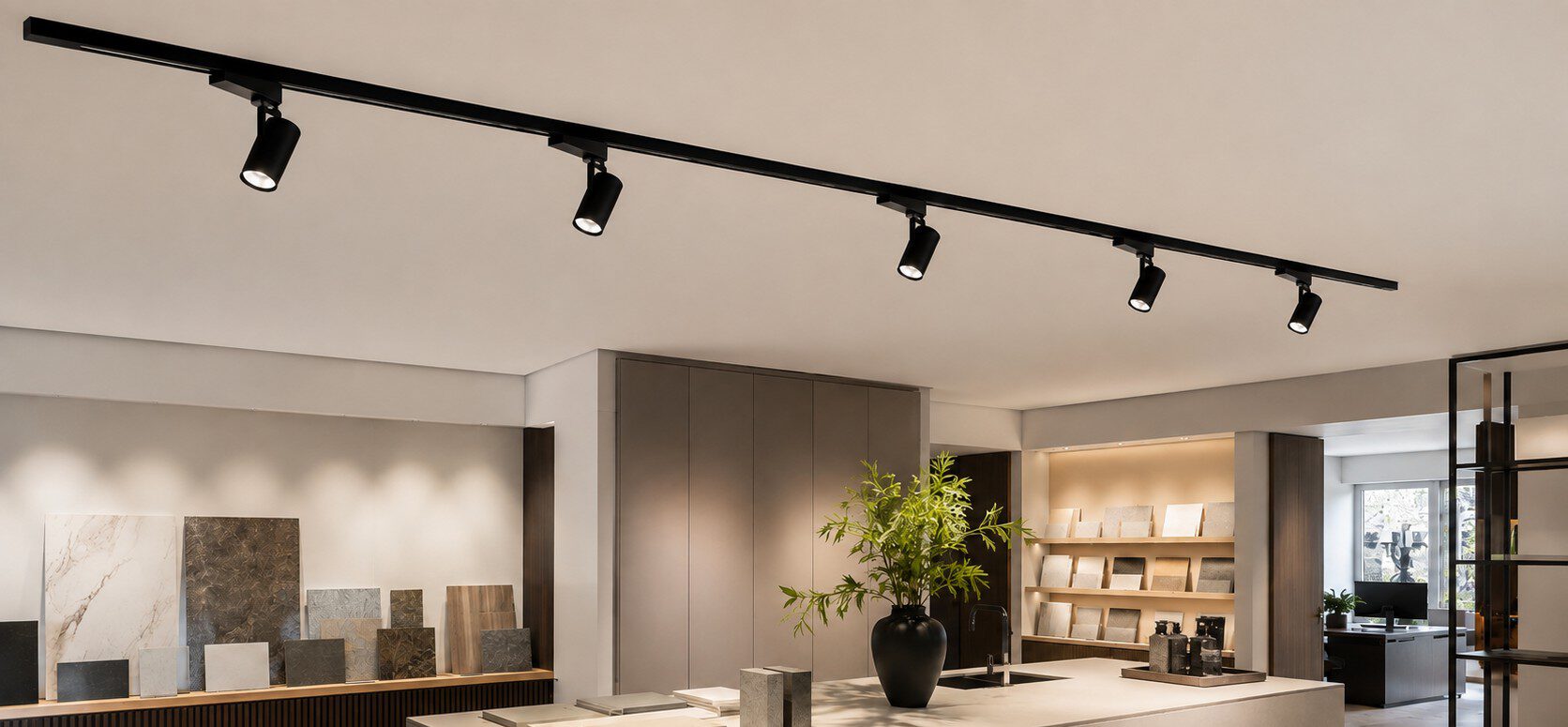 LED-Stromschiene mit Strahlern für Retail, Showroom und Objektbeleuchtung