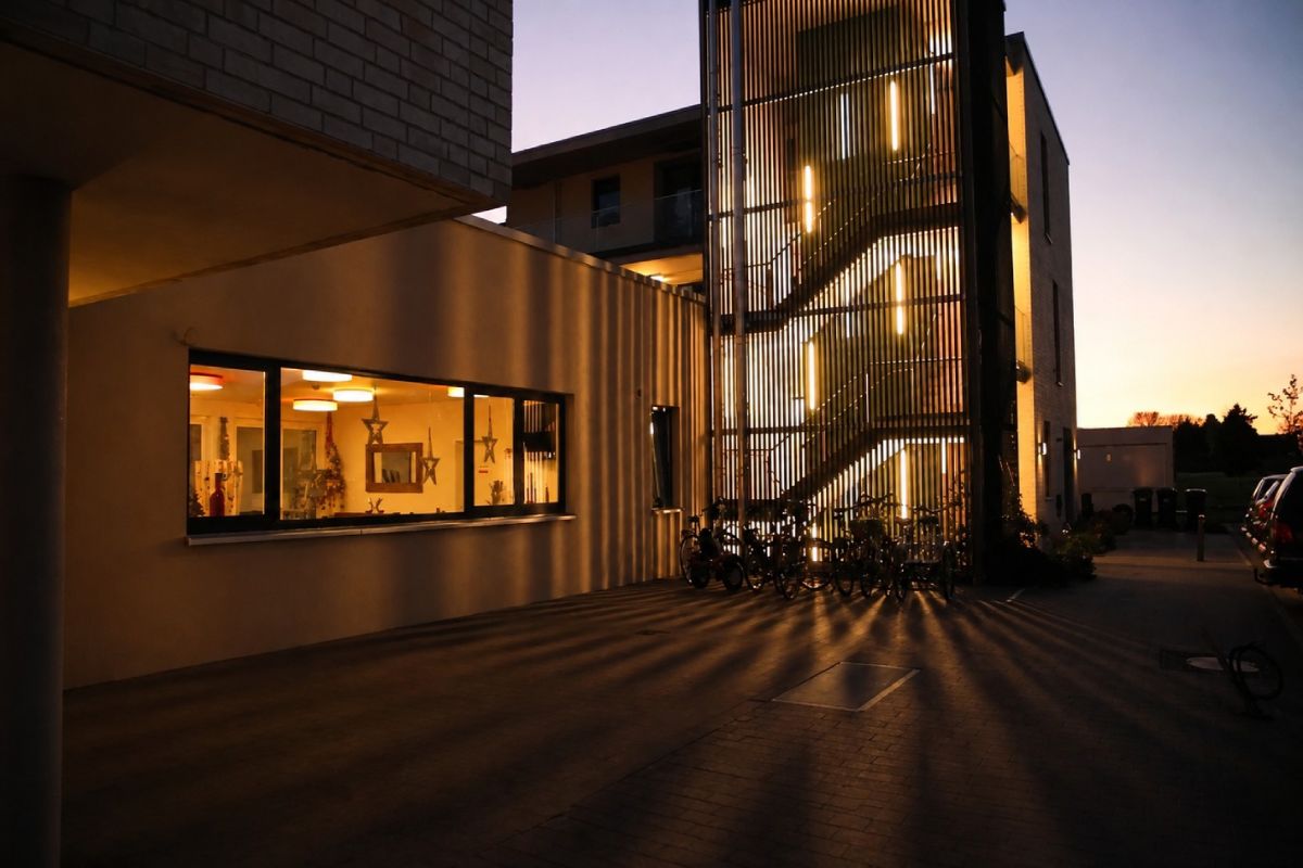 Objektbeleuchtung an Gebäude, Fassade und Treppenhaus bei Nacht