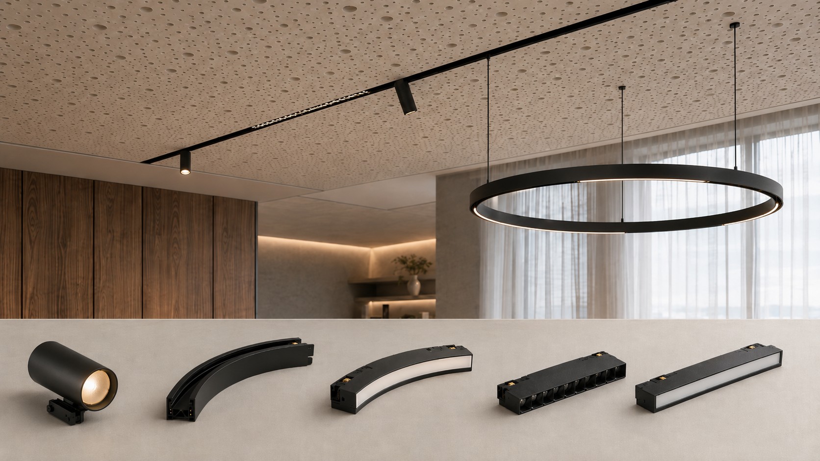Magnetisches LED-Schienensystem mit Strahlern, Linienleuchten und Ring-Pendelleuchte für moderne Innenräume