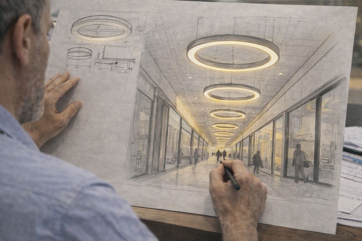 Sonderleuchten nach Maß als LED Leuchte nach Architekturskizze geplant